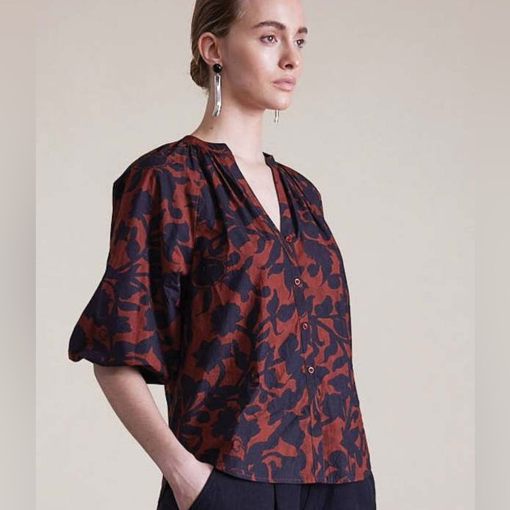 Apiece Apart Silk Floral Blouse Rust Black Button Front Top L
